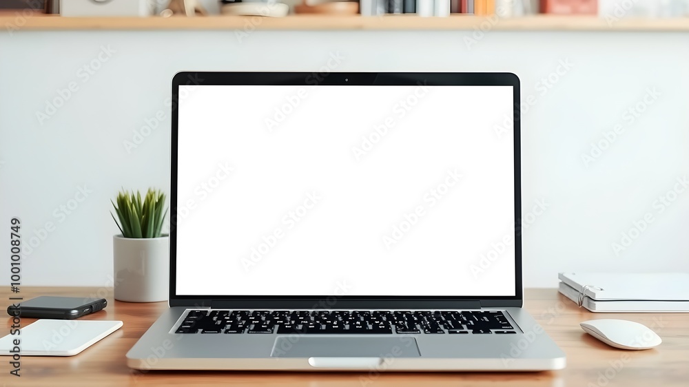 laptop with blank white screen mockup on table laptop with blank white screen mockup on table