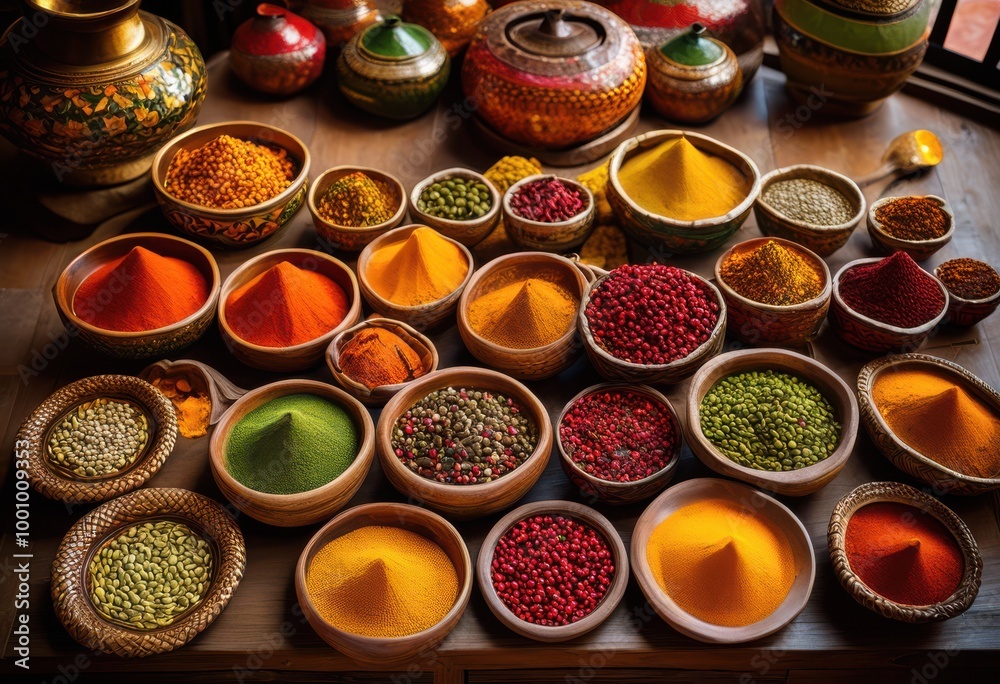 vibrant collection spices spilling from colorful bowls captured eye catching display, seasoning, flavor, jar, powder, yellow, green, saffron, thyme, basil vibrant collection spices spilling from colorful bowls captured eye catching display, seasoning, flavor, jar, powder, yellow, green, saffron, thyme, basil