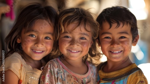 Three children from different ethnic backgrounds, smiling brightly