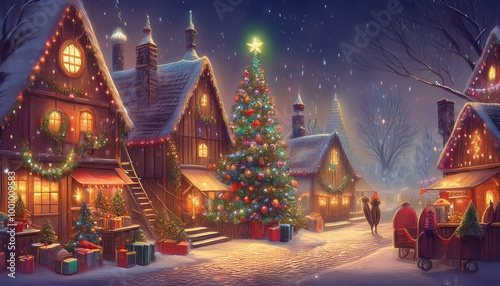 Wallpaper Mural Christmas card. Cozy winter houses in Scandinavian style. Editable illustration for Christmas invitation, card and website banner. Scandinavian architecture. Torontodigital.ca