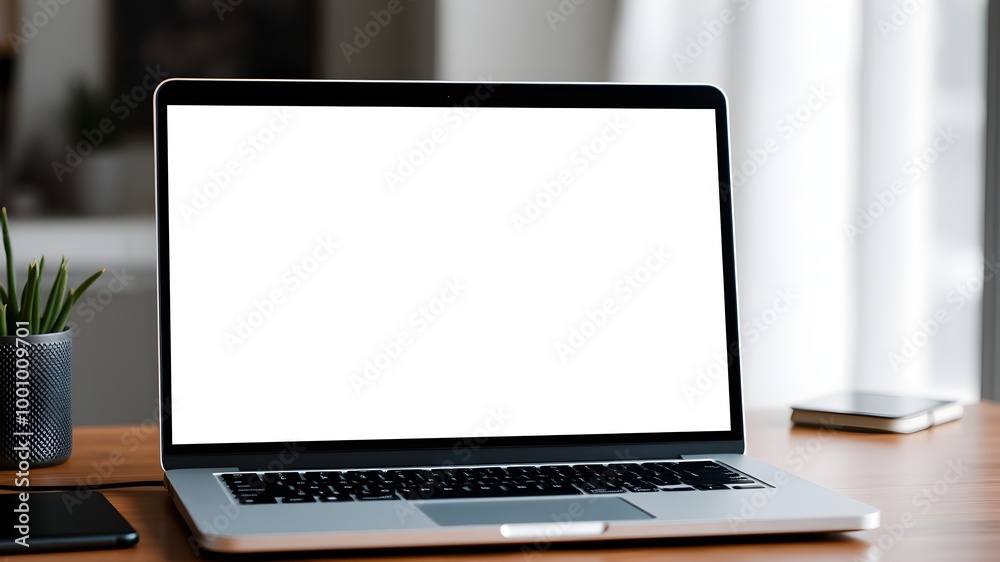 blank white screen laptop mockup on a table