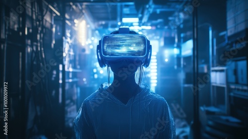 person wearing virtual reality headset in futuristic warehouse