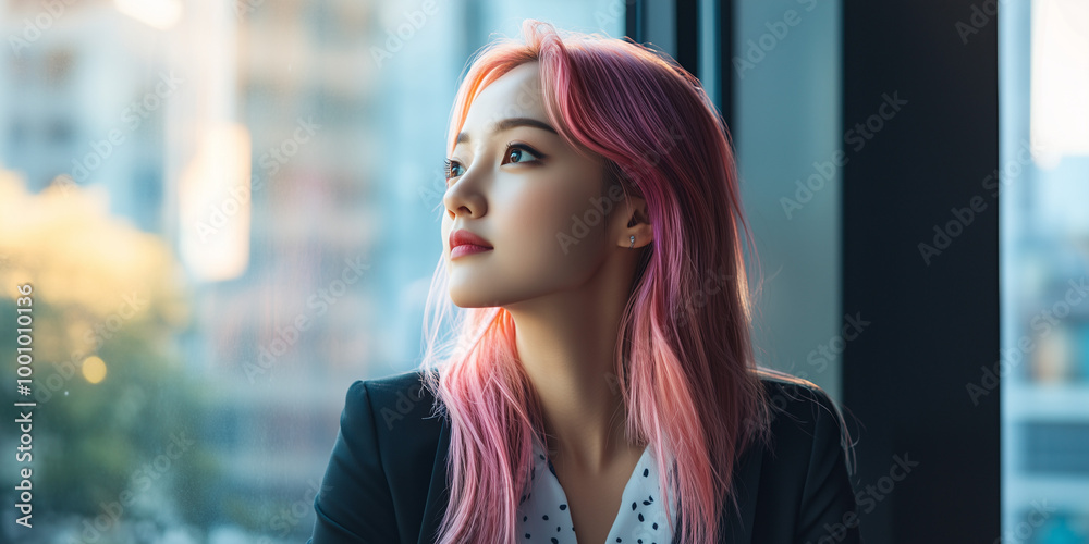 Chinese successful businesswoman with pink hair. Inclusion and diversity at work. Image of inclusive lesbian successful business woman in the office looking out of the window. Friendly LGBTIQA+ Chinese successful businesswoman with pink hair. Inclusion and diversity at work. Image of inclusive lesbian successful business woman in the office looking out of the window. Friendly LGBTIQA+