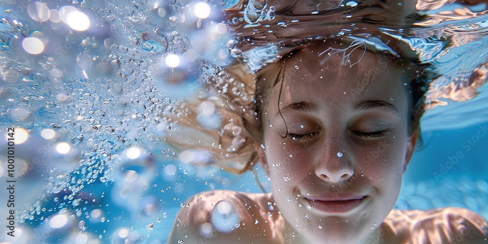 A Person Underwater with Eyes Closed, Holding Their Breath, Surrounded by Rising Bubbles in Clear Water. calm,peaceful,serenity,tranquility