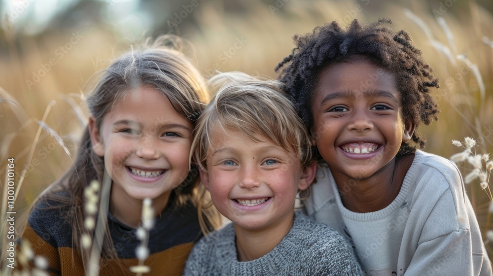Three children from different ethnic backgrounds, smiling brightly Three children from different ethnic backgrounds, smiling brightly
