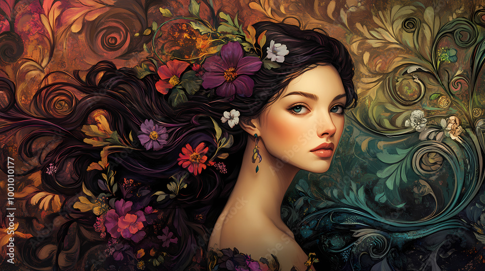 Generative AI, Ornate Patterns and Swirling Hair Adorned with Flowers and Vines Generative AI, Ornate Patterns and Swirling Hair Adorned with Flowers and Vines