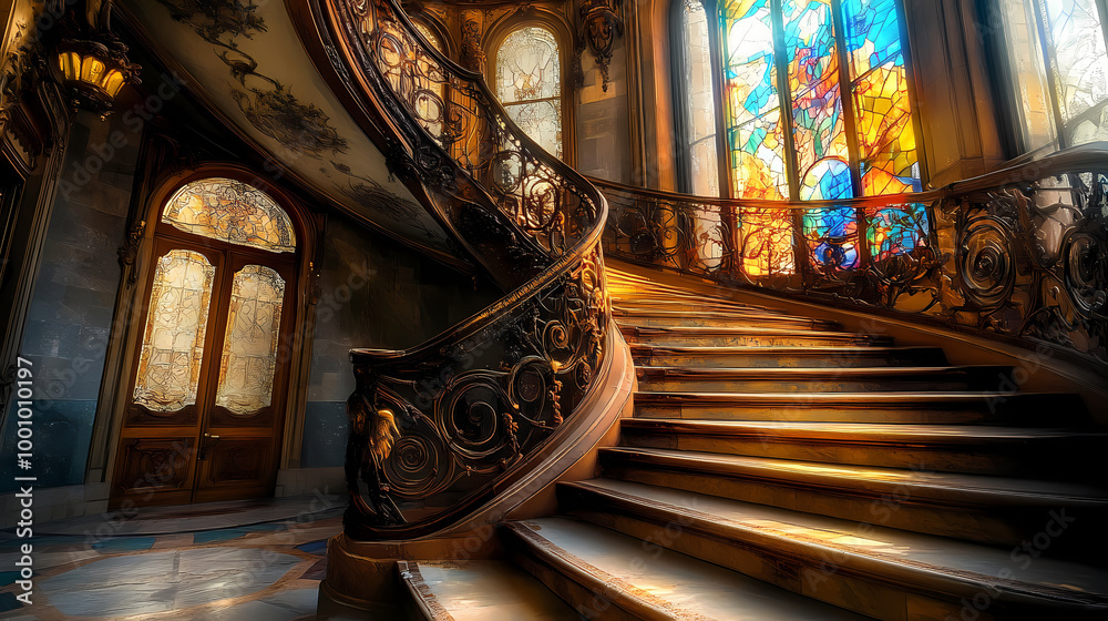 Generative AI, Grand Staircase in a Luxurious Art Nouveau Interior with ...
