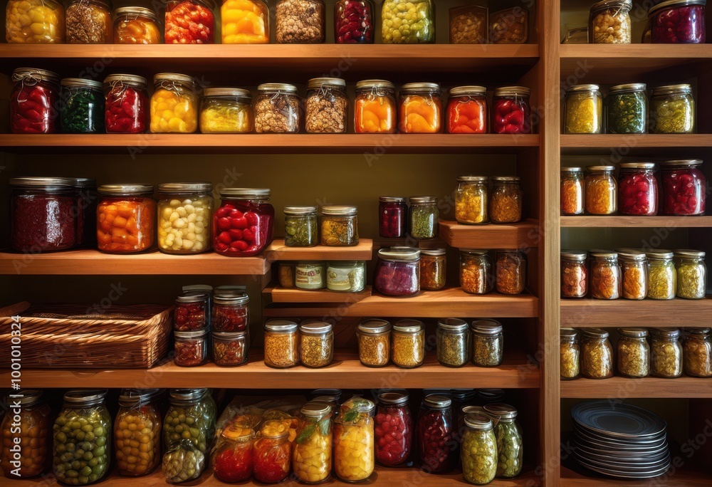 vibrant display colorful stacked food pantry items highlighting organized tidy arrangement canned boxed jars, organization, storage, groceries, essentials vibrant display colorful stacked food pantry items highlighting organized tidy arrangement canned boxed jars, organization, storage, groceries, essentials