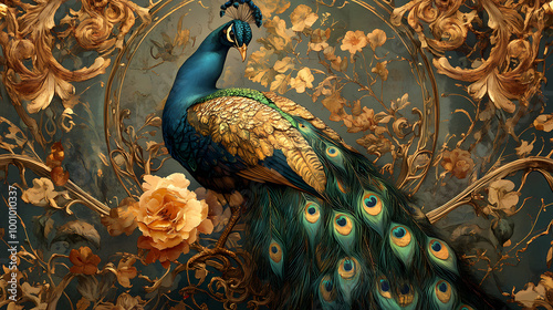 Generative AI, Elegant Peacock with Decorative Feathers in an Art Nouveau Style