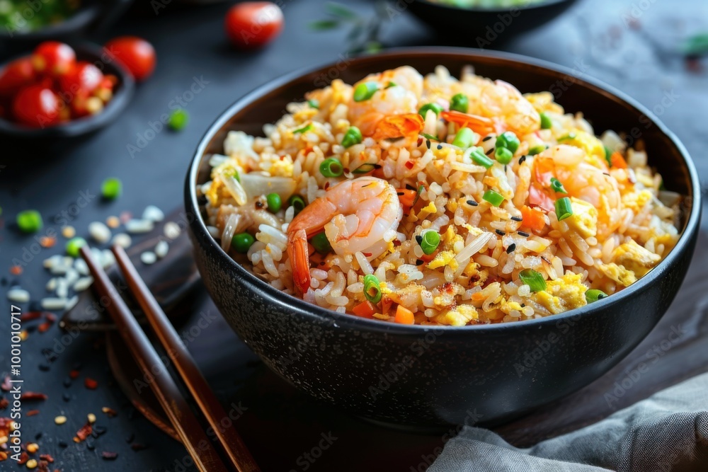 Shrimp Fried Rice with Vegetables and Green Onions in a Black Bowl, Vibrant and Flavorful Shrimp Fried Rice with Vegetables and Green Onions in a Black Bowl, Vibrant and Flavorful