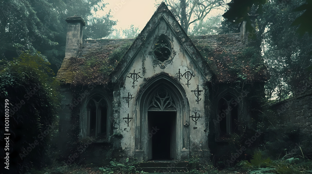 Generative AI, Eerie Abandoned Church in the Deep Woods, Covered in Vines and Symbols Generative AI, Eerie Abandoned Church in the Deep Woods, Covered in Vines and Symbols