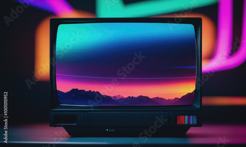 A vintage television displays a colorful mountain range sunset with neon lights in the background