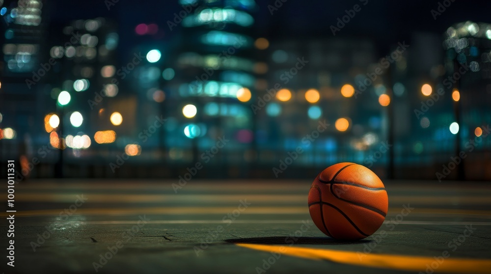 Urban Night Scene Featuring a Basketball on an Outdoor Court Urban Night Scene Featuring a Basketball on an Outdoor Court
