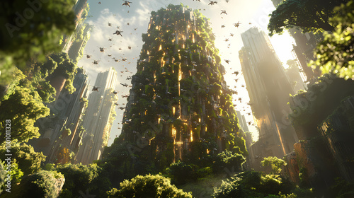 Generative AI, Towering Biotech Spire Covered in Moss and Vines, Pulsing with Energy photo