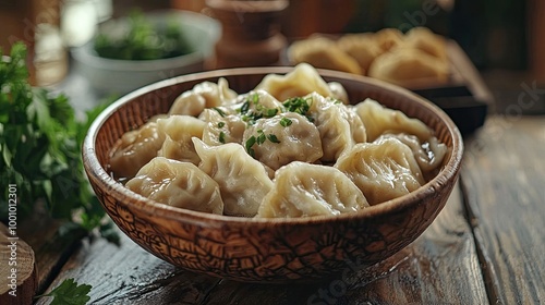 a plate with dumplings on the table. Selective focus