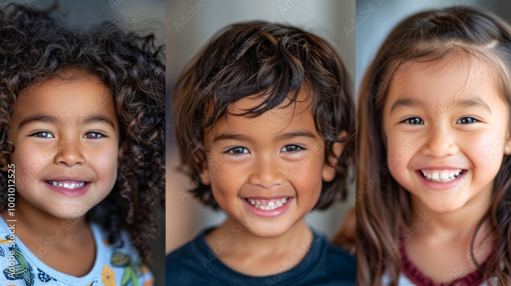 Three diverse children smiling in close-up, each with distinct hair types Three diverse children smiling in close-up, each with distinct hair types