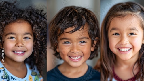 Three diverse children smiling in close-up, each with distinct hair types