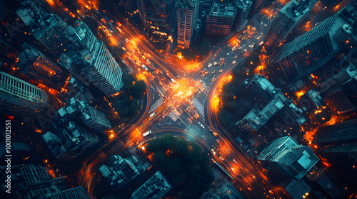 Aerial View of City Traffic on an Overpass at Night 