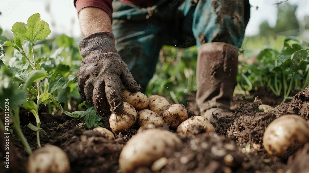 Fototapeta premium a farmer collects potatoes on the plot. Selective focus