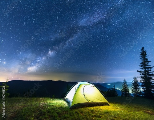 illuminated camping tent at night with a starry sky