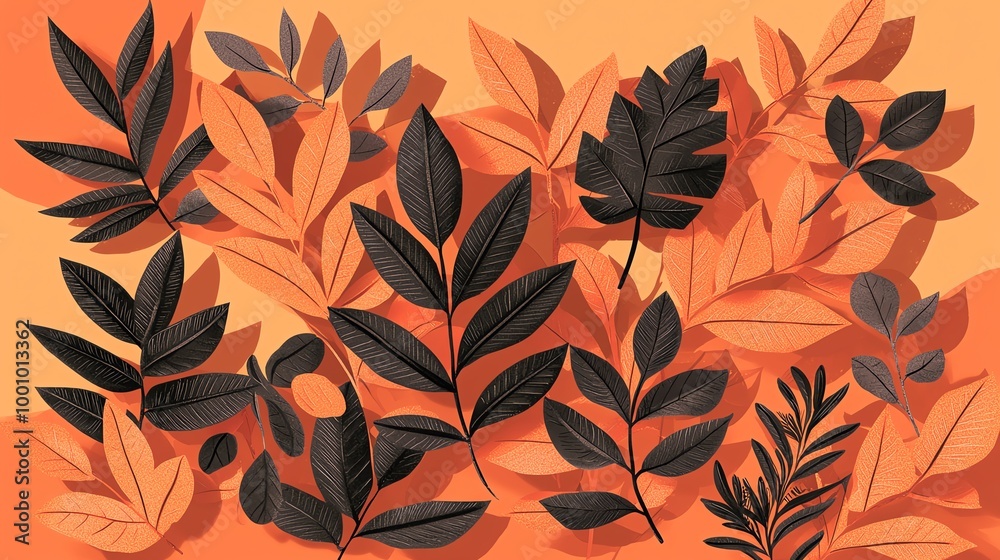 An artistic arrangement of black leaves against a vibrant orange background, perfect for nature-themed designs and creative projects.