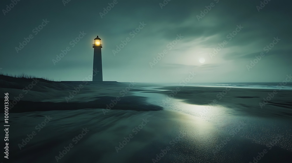 A desolate beach with a ghostly lighthouse glowing faintly in the distance, casting long shadows. A desolate beach with a ghostly lighthouse glowing faintly in the distance, casting long shadows.