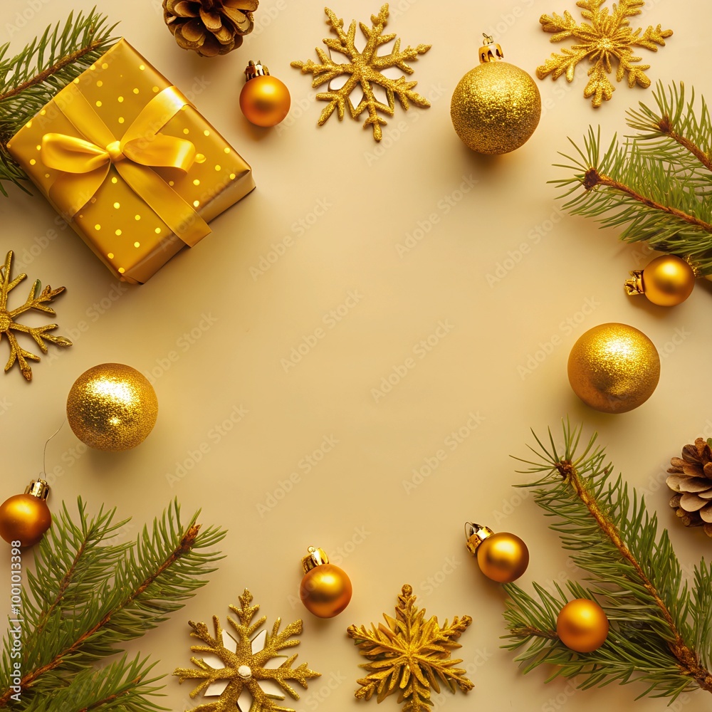 Christmas festive composition. Top view of gift box with Christmas tree decoration Christmas festive composition. Top view of gift box with Christmas tree decoration
