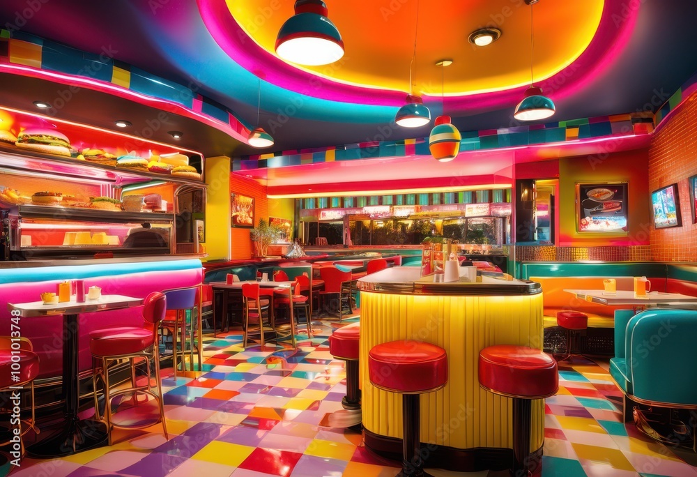 Fototapeta premium vibrant display colorful fast food delights flavorful beverages spread across table, burgers, fries, sweets, candies, desserts, donuts, nachos, pizza