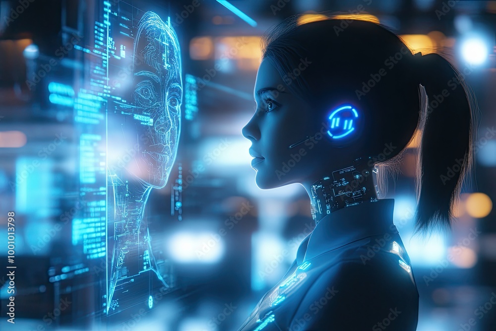 Fototapeta premium Futuristic robot looking at information on screen