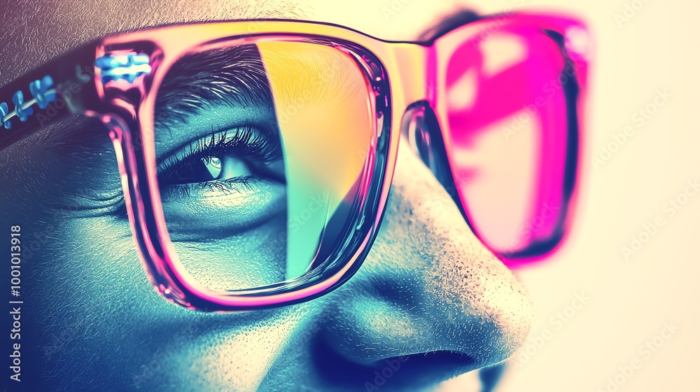 Close-up of a person wearing colorful sunglasses with vibrant reflections, showcasing a fun and stylish summer vibe.