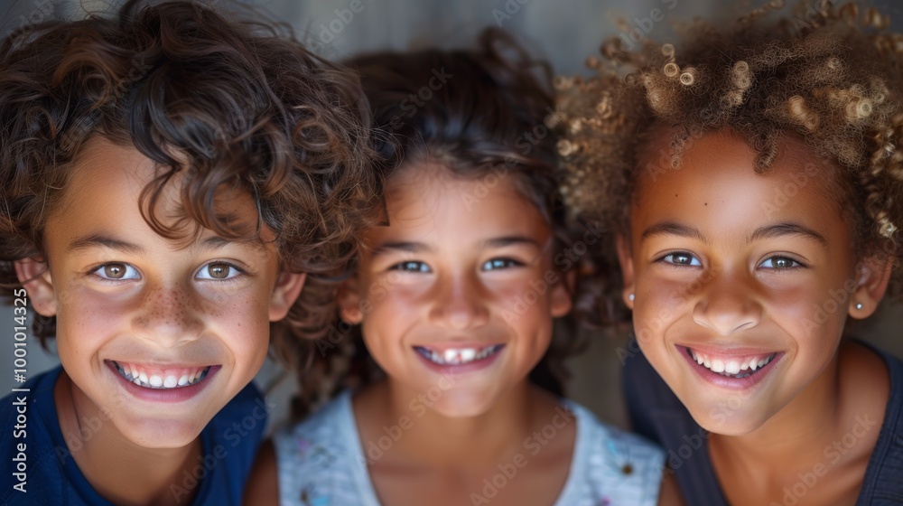 Fototapeta premium Three happy children with different hair types, smiling warmly