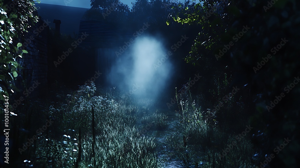 Fototapeta premium A faint ghostly outline drifting through an overgrown garden at night.