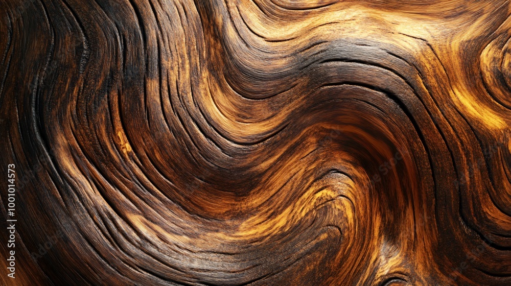 Close-up of dark brown wood grain with swirls and waves. Close-up of dark brown wood grain with swirls and waves.