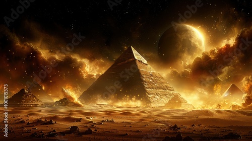 the pyramids and the moonscape, fires, chaos, dark, art, illustration, wallpaper, background
