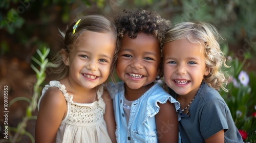 Three happy children with different skin tones, smiling brightly