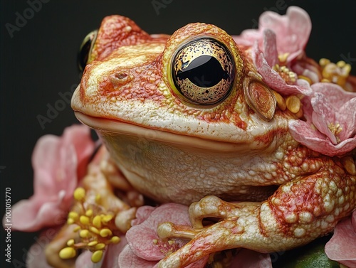 Close-Up Portrait of a Frog with Pink Flowers photo