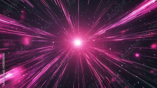  Neon speed rays abstract background. A burst of pink light energy. The movement of luminous purple rays in space. 