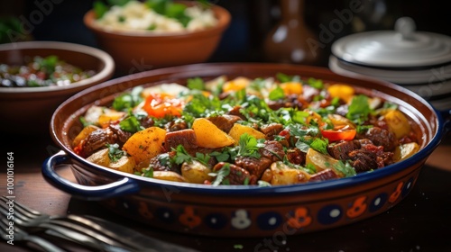 a moroccan cuisine, a slow cooked lamb tangine consisting of juicy well marinated lamb chunks infused with herbs and spices, slowly cooked garnished with parsley and chopped tomatoes and shallots