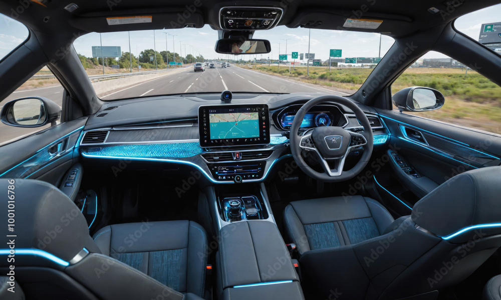 The interior of a car, showing the driver's seat and dashboard with a navigation system on the screen The interior of a car, showing the driver's seat and dashboard with a navigation system on the screen