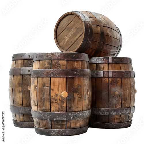 Four stacked wooden barrels with iron rings standing on a white background photo