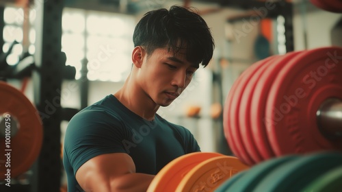 Focused athlete lifting weights in a gym, showcasing strength and dedication to fitness training and personal health. photo