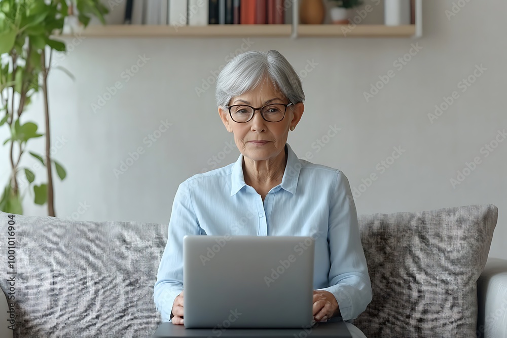Elderly woman working remotely with blue headphones, focused Elderly woman working remotely with blue headphones, focused