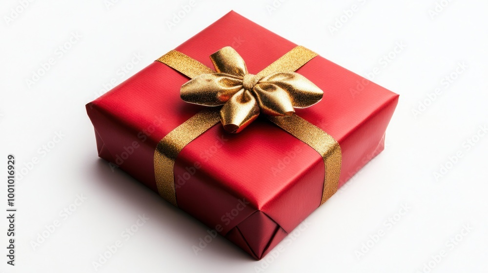 Bright red New Year gift with a gold bow, isolated on white background, with clean lines and festive holiday style. Bright red New Year gift with a gold bow, isolated on white background, with clean lines and festive holiday style.