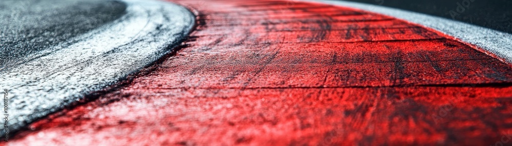 Close-Up of a Red and White Racing Track Curve with Tire Marks on Asphalt Close-Up of a Red and White Racing Track Curve with Tire Marks on Asphalt