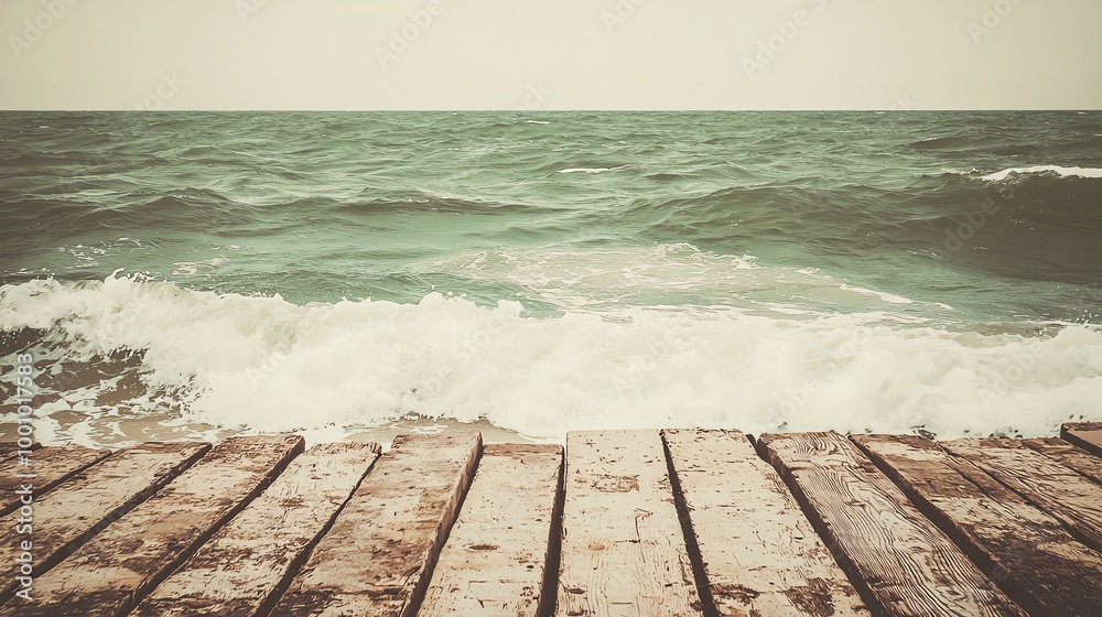 Serene view of waves crashing against a wooden dock, capturing the essence of tranquility and nature's beauty. Serene view of waves crashing against a wooden dock, capturing the essence of tranquility and nature's beauty.