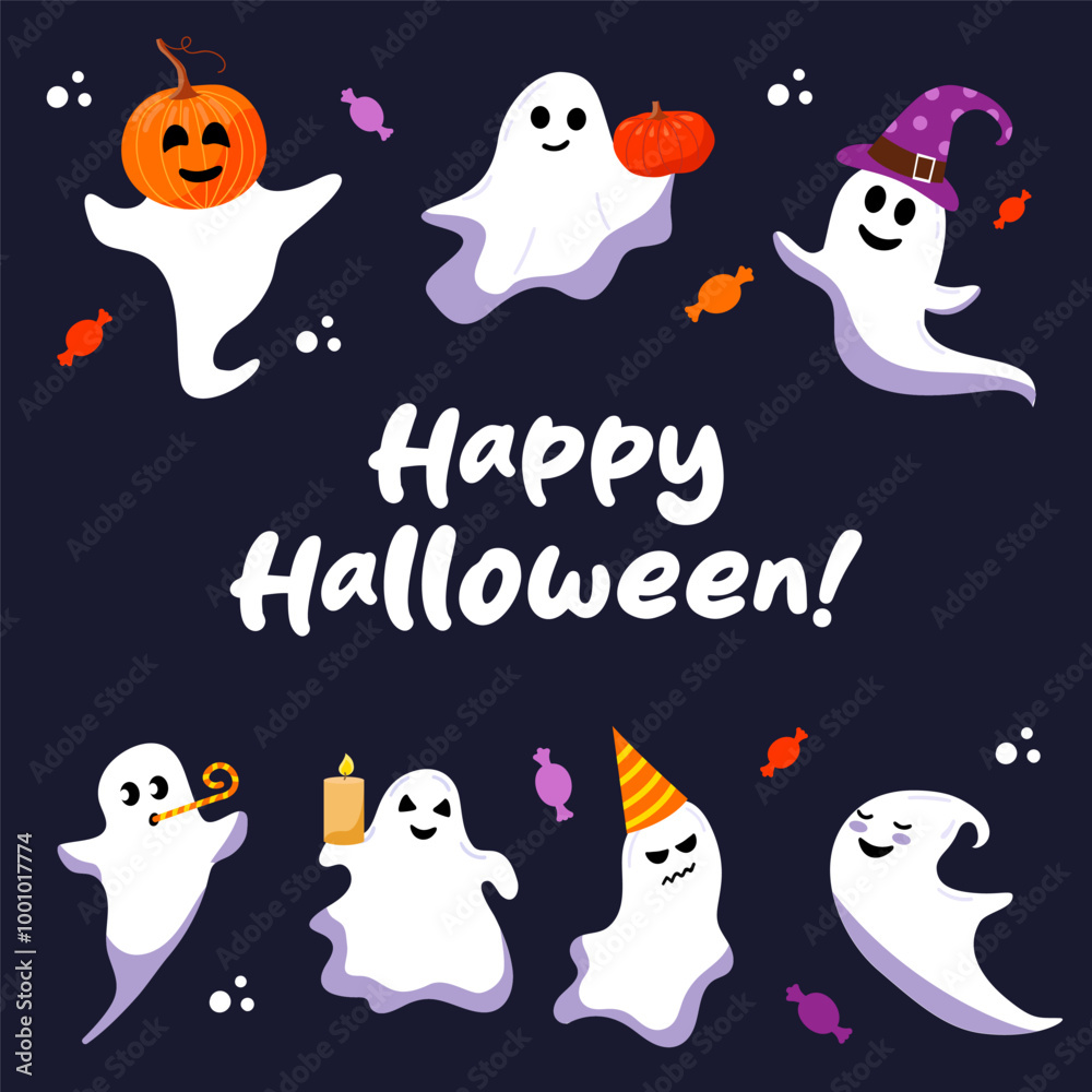 Naklejka premium Greeting card with cute ghosts. Funny ghosts in hat with pumpkin. Holiday cartoon characters vector set on blue background.