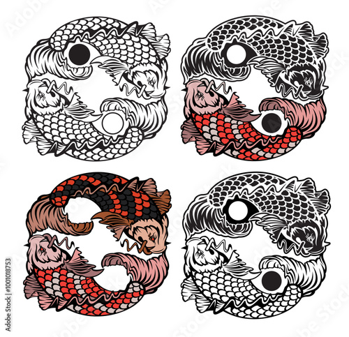 Set of silhouette tattoo style. Yin yang koi fish, symbol of harmony and balance. Two koi fish hold tail one other.eps