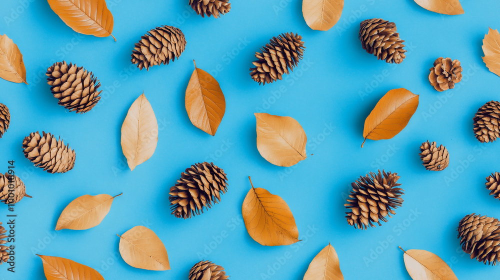 Flat lay pattern with autumn leaves and pine cones. Flat lay pattern with autumn leaves and pine cones.