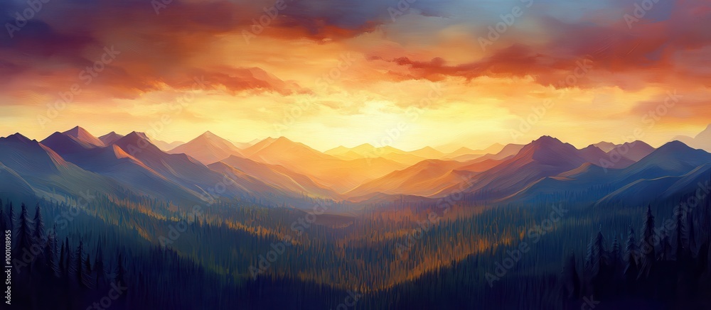 Obraz premium Stunning Sunset Over Majestic Mountain Range with Vibrant Colors and Dramatic Sky