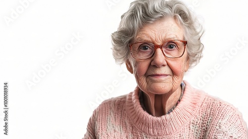 Elderly Woman in Light Sweater with Glasses